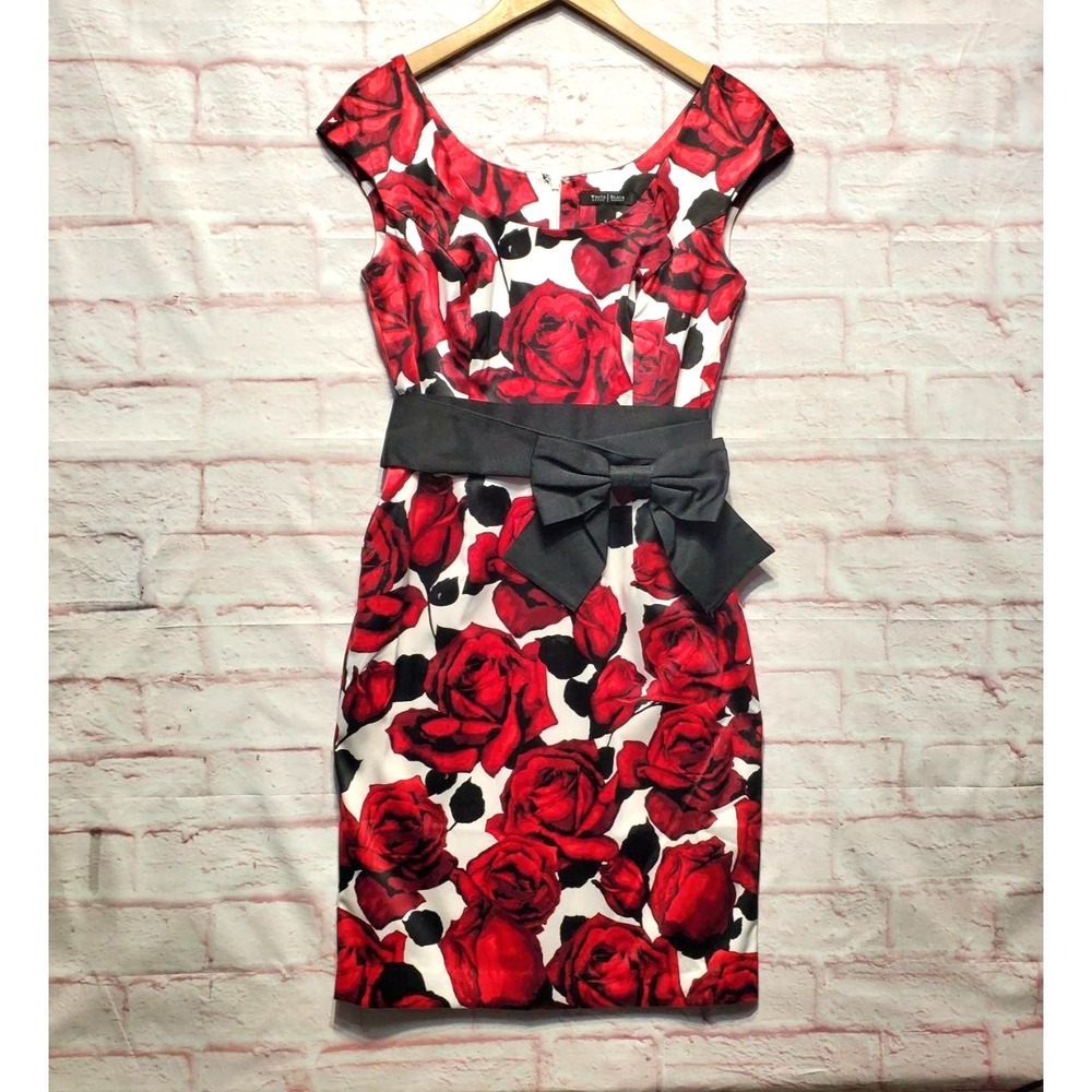 White House Black Market Dress‎ Womens 6 Red Rose Floral Belted Bow Sheath Party